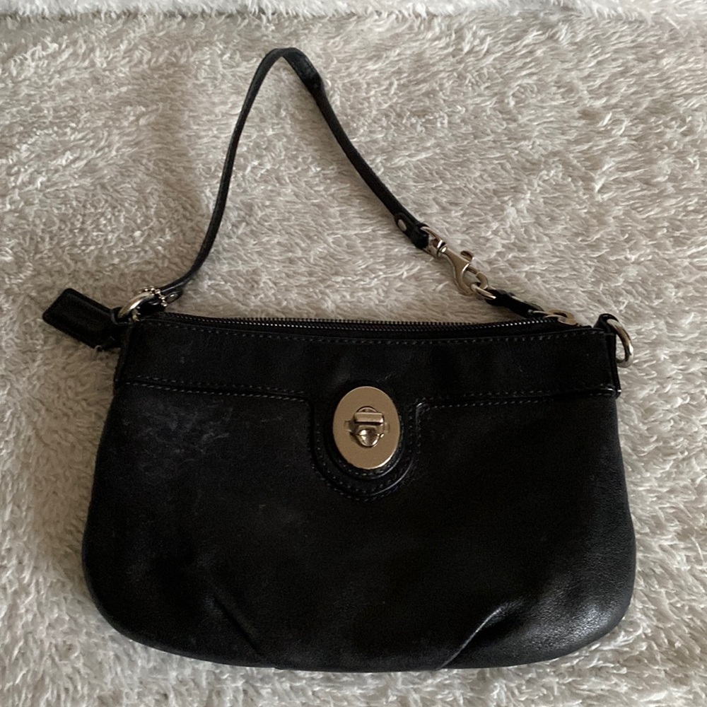 Coach Leather Oversized Wristlet- Black Leather with Blue Satin Liner.